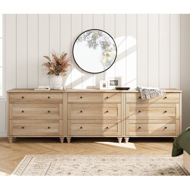 WAMPAT Commode à 9 Tiroirs, Commode pour Chambre d'Enfant, Grand Commode en Bois, Armoire de Rangement Mi-Siècle Moderne, Grande Commode en Bois pour Salon, Chambre de Bébé, Couloir, Chêne, Lot de 3