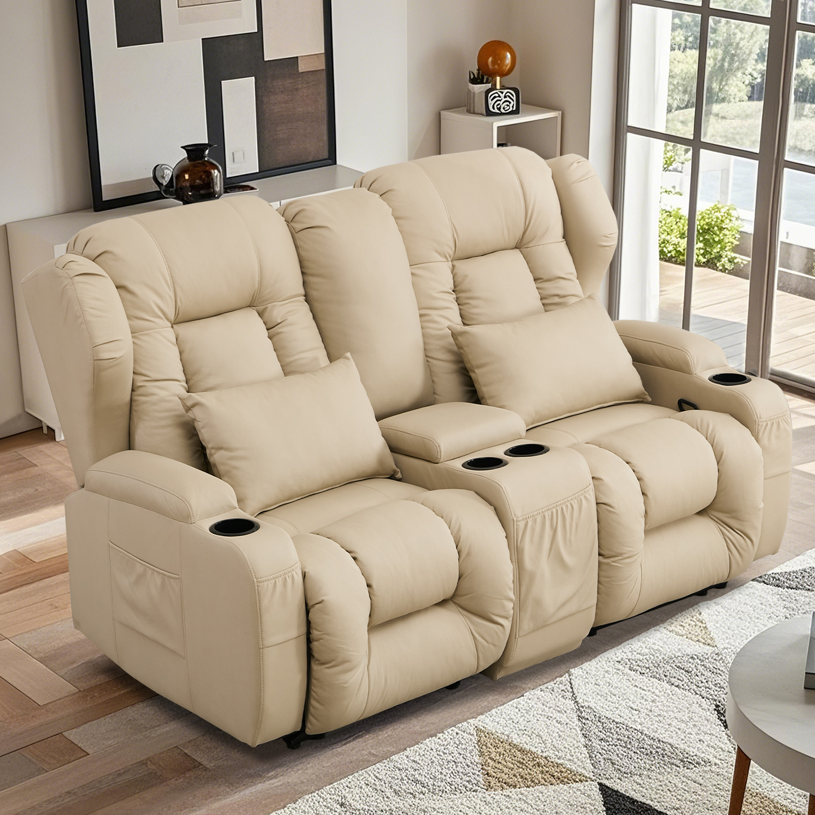 IPKIG Loveseat Recliner Sofa, Double Manual Recliner RVs Sofa with Storage Console, Side Pockets Cup Holder, Wingback Loveseat Reclining Couch for Living Room, Bedroom, RVs, Beige