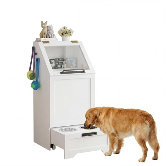 Multi-Function Elevated Dog Feeding Station with Storage Cabinet – Convertible Top Food Bin, 2 Stainless Steel Bowls, Toy Organizer – Modern Dining Table Pet Furniture for Kitchen or Dining Room