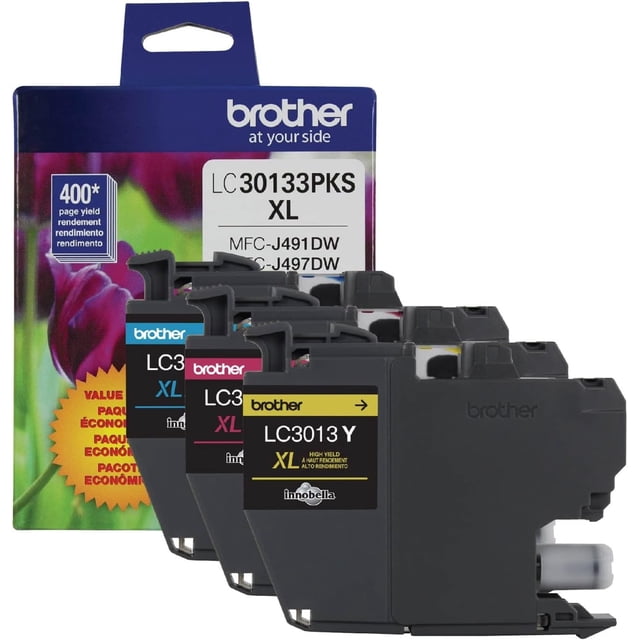 Brother LC30133PKS Ink Cartridge three-pack with high-yield cyan, magenta, and yellow cartridges for Brother Work Smart Series inkjet printers, delivering up to 400 vibrant, fade-resistant pages per cartridge, suitable for consistent home and office printing.