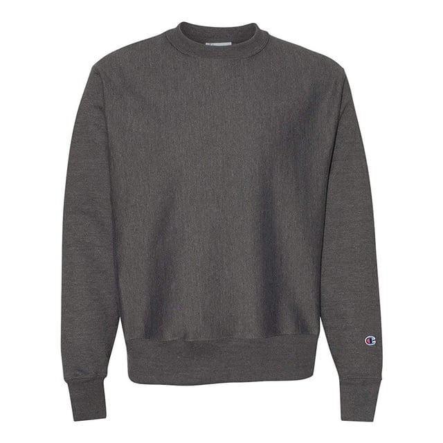 Champion Men`s Reverse Weave Crew in size L and Charcoal Heather colour. This lightweight sweatshirt features a reverse stitch design to resist vertical shrinkage, ensuring the length remains true to size after multiple washes. The crewneck style includes ribbed cuffs and hem for a snug fit, with the Champion logo embroidered on the sleeve.