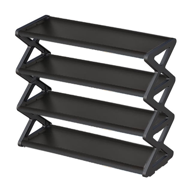 EGNMCR Household X-type Shoe Rack Multifunctional Double Steel Tube Assembly Shoe Cabinet with a sleek black finish and four-tier design for efficient shoe storage. Ideal for dormitories, RVs, or compact home spaces, offering durable metal construction and easy cleaning.