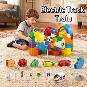 Electric Train Set Flexible Race Track, 81 PCS Click Rail Track Toy, Gravity-Defying 3D Embedded Layouts & Motorized Car, Click Rail Electric Train Track Set, STEM Learning Gift