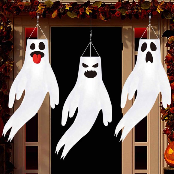 Manche à Vent Suspendue d'Halloween de 44 Pouces avec Fantômes, Chaussettes Blanches avec Drapeau de Fantômes Volants pour Arbre, Cour Extérieure et Patio, Déco de Fête d'Halloween