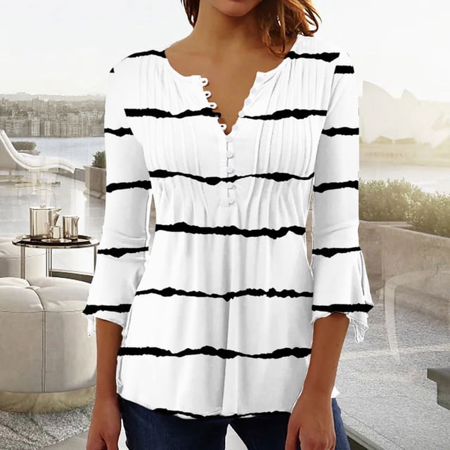 DPTALR Blouse pour Femmes d'Été Aguichant à Plis Imprimée Régulière Femmes Manches 3/4 Col en V Boutonnée