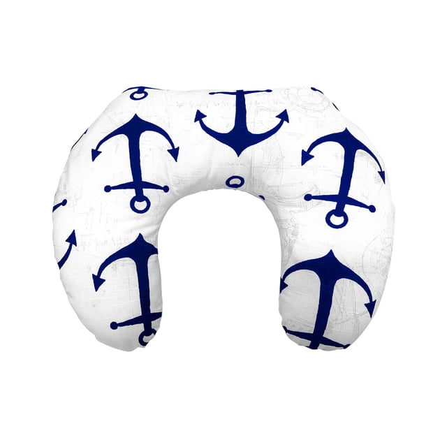 Ergonomic Navy Blue Large Anchor Nursing Pillow, #1pcs037fp. This U-shaped nursing pillow features a navy blue anchor design on a white background. Measuring approximately 22 x 19 x 6 inches, it provides ergonomic support for nursing, bottle feeding, and tummy time. Designed for awake time use only.