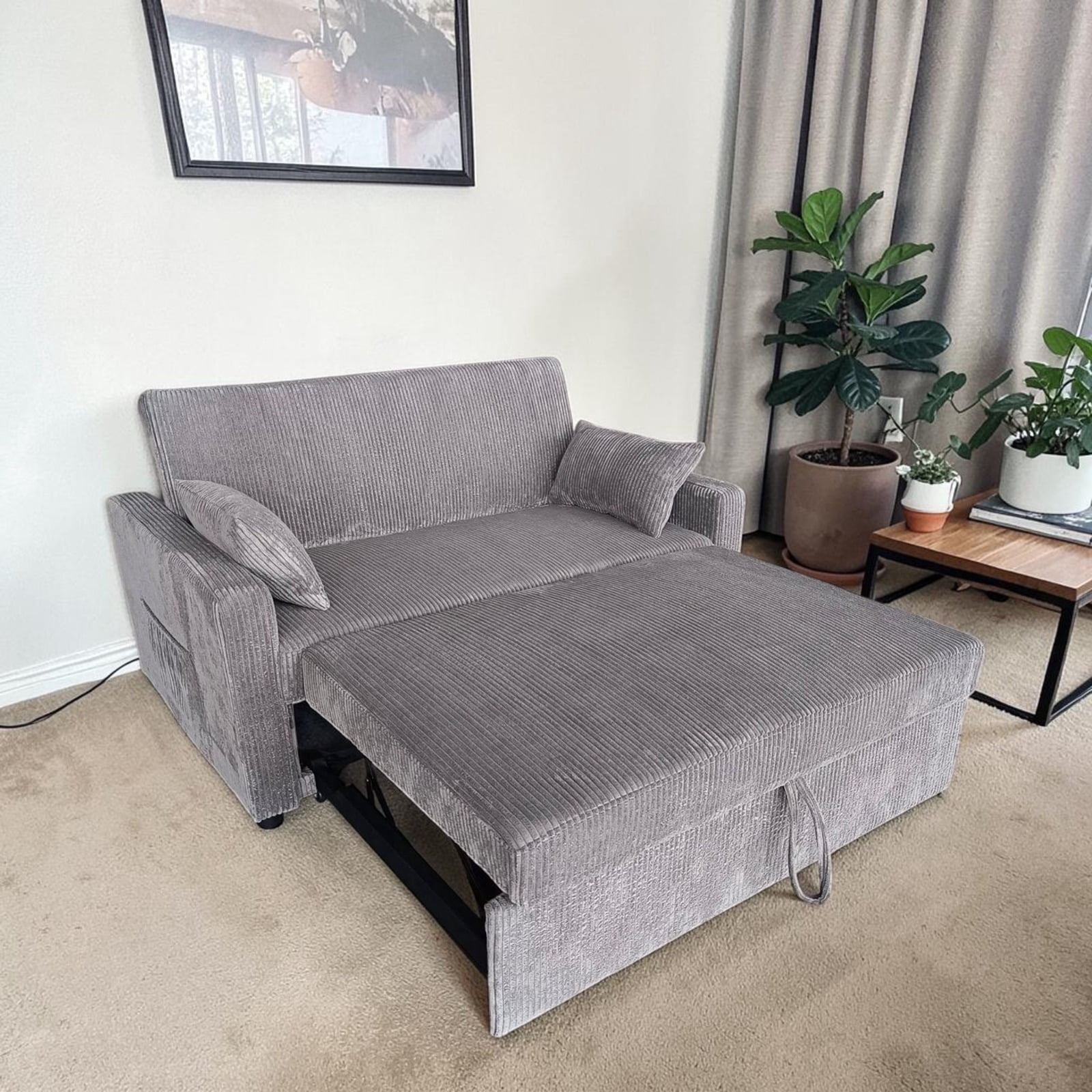 Cosmic Homes Jade Grey Fabric Sofa Bed – Pull-Out Sleeper Sofa with Adjustable Backrest, Storage Pockets & Accent Pillows for Small Spaces
