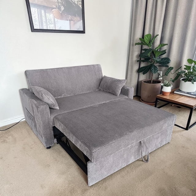 Cosmic Homes Jade Grey Fabric Sofa Bed – Pull-Out Sleeper Sofa with Adjustable Backrest, Storage Pockets & Accent Pillows for Small Spaces