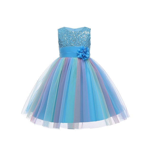 Xingqing Robe Formelle Sans Manches à Sequins Fleuris Col Rond pour Bébé Fille Jupe Ligne A Princesse Arc-en-Ciel