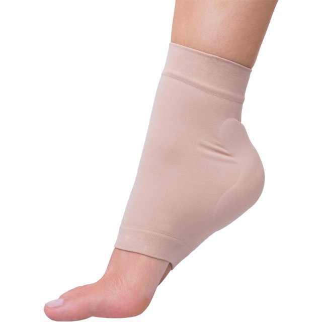 LAICAIW Achilles Tendon Heel Protector Compression Padded Sleeve Socks for Bursitis, Tendonitis, and Tenderness, shown in a beige colour. The sleeve features a snug fit around the ankle and heel, with padded support for added comfort. Designed for wicking and compression, it is suitable for managing bursitis and tendonitis symptoms.