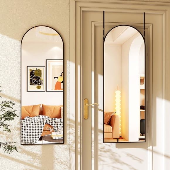 BEAUTYPEAK Full Length Arched Door Mirror 48"x14" Floor Mirror Hanging Wall-Mounted Mirror, Black