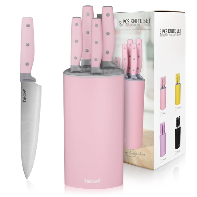 Hecef Kitchen Knife Block Set with Universal Knife Block Holder, featuring six high carbon stainless steel knives with pink ergonomic triple-riveted handles. Includes a chef's knife, cutting knife, bread knife, utility knife, paring knife, and a stylish pink universal knife block made of durable PP material. The block has a smooth, round design and a drain spout for convenience. Packaged as a gift-ready set, ideal for cutting meat, vegetables, and fruits, and suitable for home or apartment kitchens.