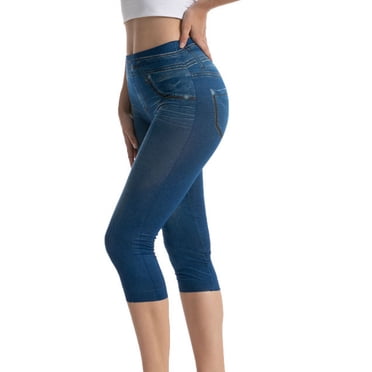Capris Leggings Women High Waist Stretch Capris Pants Ladies Slim-Leg Skinny Capris Casual Polyester Pull on Cropped Pants Blue xl
