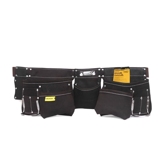 MECHTOOLS Tablier de Charpentier en Cuir Fendu durable avec 11 Poches de Tailles Variées, 2 Porte-Marteaux Plaqués nickel Résistants à la Rouille, points de stress Renforcés avec Rivets, et une Ceinture en Toile polyweb Réglable de 2 Pouces de Large avec Boucle à Dégagement Rapide, Idéal pour le Rangement d'Outils et l'Organisation Lors de Projets d'Amélioration de la Maison.