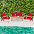 thumbnail image 3 of Gymax 4PCS Patio Conversation Set Wood Frame Furniture Set w/ Red Cushions, 3 of 10