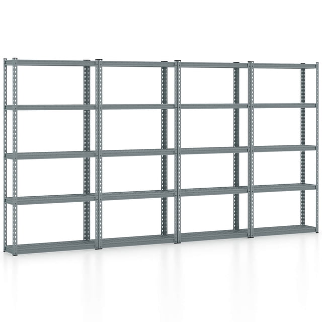 Costway 4 PCS 5-Tier Heavy Duty Storage Shelf in grey, designed for versatile organization in home or garage settings. This utility rack features adjustable shelves for customized storage of tools, boxes, kitchenware, and more. Built with a rust-proof metal frame, it includes anti-tipping devices and anti-slip foot pads for stability and safety, supporting up to 1100 lbs. Suitable for structured storage and display needs.