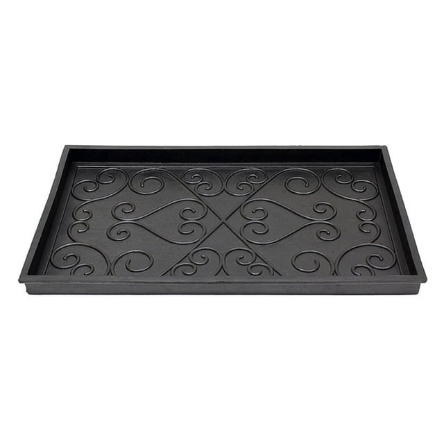 Achla Designs Scrollwork Rubber Boot Tray, Small rectangular black rubber tray with decorative scrollwork pattern, low-profile ribbed floor and 2-inch raised sides to contain water, snow and mud; shown on a light mudroom floor as a versatile boot, shoe and umbrella mat for entryway or car trunk.