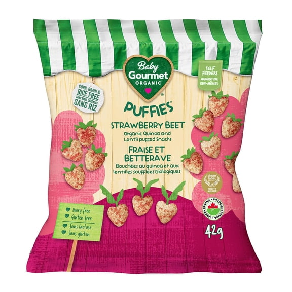 Bouchées au quinoa et aux lentilles soufflées biologiques fraise et betterave de Baby Gourmet