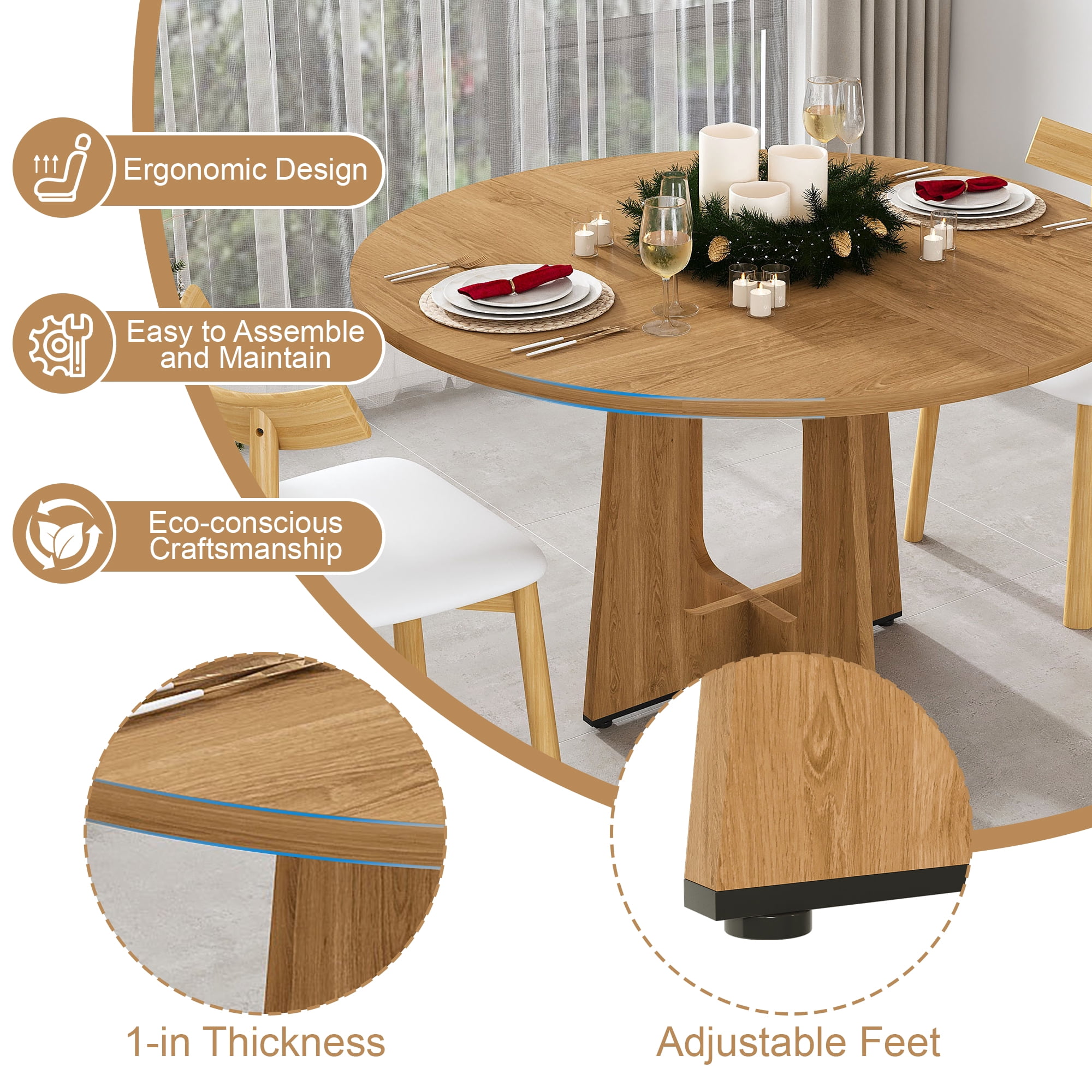 Noble House 47" Round Dining Table for 4,Farmhouse MDF Circle Table with Wood Grain Finish,Oak
