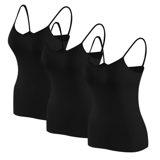 Timegard Camisoles pour Femmes 3 Pcs avec Soutien-Gorge Intégré Col Rond Bretelles Spaghetti Ajustées Douces Maillots de Corps Décontractés Hauts de Pyjama