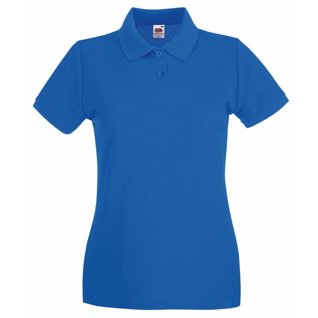 Fruit of the Loom Womens Premium Fitted Short-Sleeved Polo Shirt in a plain royal blue design. Made from 65% polyester and 35% cotton, it features a turn-down collar, ribbed cuffs, and a two-button placket with self-coloured buttons. The fitted style includes shaped side seams and side vents for added comfort. Available in sizes XS to XXL.