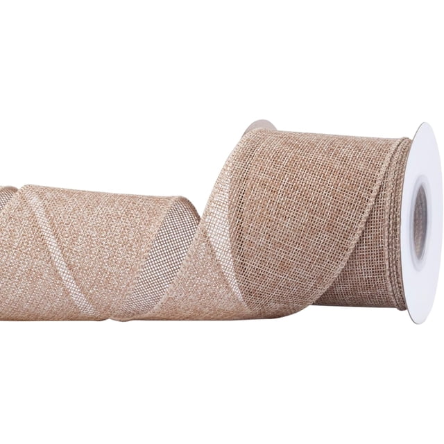 Joycrosso Burlap Wired Edge Ribbon, 3 inches wide and 10 yards long, in a natural color. Made from faux jute material with soft iron wire edges for easy shaping. The ribbon is displayed partially unrolled from a white spool, showcasing its textured burlap weave. Ideal for crafting, gift wrapping, wreaths, Christmas tree decorations, and rustic wedding decor.