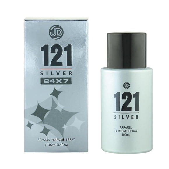 JD International Vaporisateur de Parfum 121 Silver Apparel pour Hommes et Femmes - 100 ml, 3.4 Fl. Oz. / 24 X 7 Fragrance Longue Tenue pour Apparel / Fragrance Unisexe