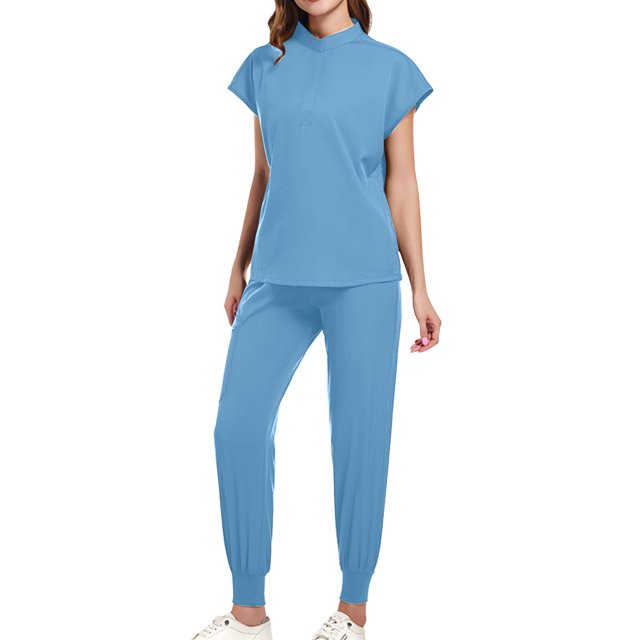 Women Scrubs Matching Set Round Neck Stretch Tops With Pockets & Cargo Pants Jogger Nurse Work Uniform Sets