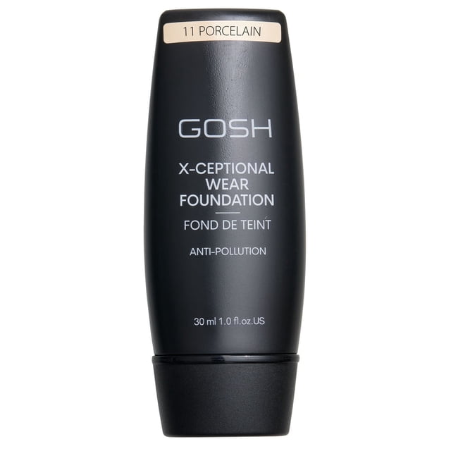 GOSH X-Ceptional Wear Foundation 11 Porcelain in a 30 ml black matte squeeze tube with white text, providing medium coverage liquid foundation with anti-pollution properties and a natural matte finish.