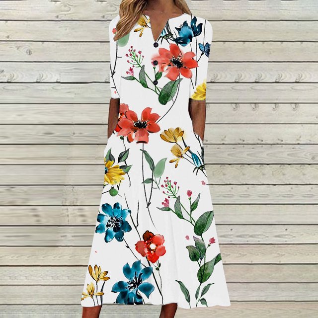 Ovzne Robes d'Été pour Femmes 2025 Robe pour Femme Robe Unie Ample Décontractée à la Mode Imprimée à Manches Courtes Col en V Mi-Mollet Robe à Manches Courtes Col en V Robe d'Été Courte Sl