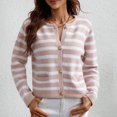 thumbnail image 2 of Yuyuzo Cardigans Chandail pour Femmes Court à Col Rond Manches Longues Ouvert à l'Avant à Boutons Chandail Rayé avec Poches, 2 of 5