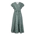thumbnail image 3 of FcBaudy Robe à Manches Courtes à Col en V, Robes d'Été pour Femmes, Robes pour Femmes Robes pour Femmes à Manches Courtes à Col en V à Volants Robe Midi à Imprimé Floral avec Ceinture Robe pour Femme, 3 of 7