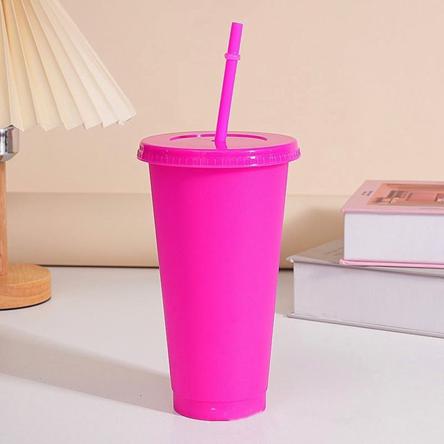 Assorted solid color reusable 710ml 24oz plastic cup cold cup coloured cup takeaway straw cup glasses with straw and lid