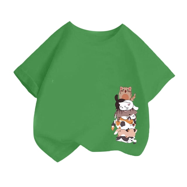 GDREDA Vêtements Fille Enfant Filles Mignon Mode Imprimé Décontracté Ample Col Rond Manches Courtes Tee Été T-Shirt Hauts Filles Manches Courtes Hauts Vert,2-4 Ans