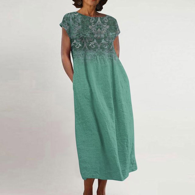 Meichang Robes en Lin pour Femmes 2024 Rétro à Imprimé Floral Coupe Ample Robes Midi Manches Courtes Col Rond Robes d'Été Décontractées Évasées Légères Confortables Longues Robes de Travail Vert Menthe TTTG