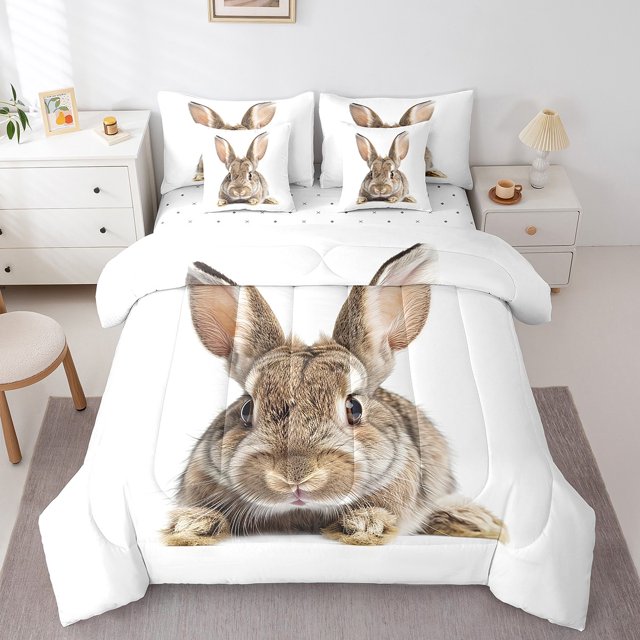 YST Rabbit Ensemble de Douillette Très Grand 7 Pcs, Ensemble de Lit de Pâques Rabbit Tout-en-un avec Draps pour Enfants Garçons Filles, Mignon Ensemble de Literie Animaux de la Forêt Gris, Ensemble de Lit Réversible Rabbit