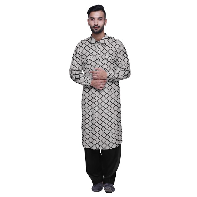 Atasi Printed Rayon Pathani Kurta With Solid Salwar For Mens Party Wear