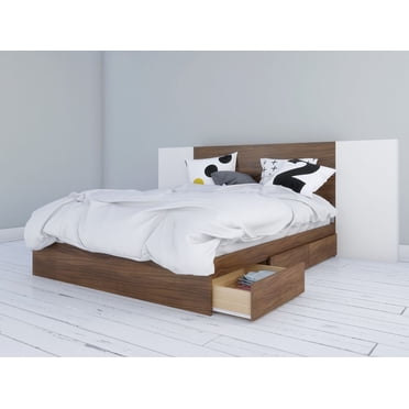 Nexera Lit rangement et tête de lit Foliage avec 2 panneaux extension, Noyer et Blanc