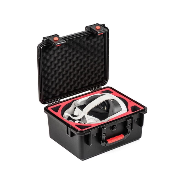 Étui de Transport pour Meta Quest 3, Étui Rigide de protection pour Accessoires de Casque de Jeu VR et de Manettes. Comprend une Coque ABS Noire avec Fini Givré, des inserts en Mousse Rouges et une Doublure en Mousse à Caisson en Forme d'Oeuf pour l'Absorption des Chocs. Comprend une Poignée Intégrée en Silicone, un Verrou à Combinaison et une construction Étanche IP67 et Hermétique pour la protection contre l'Humidité et les Dommages Causés par l'Eau. Idéal pour le Rangement de Casque de Réalité Virtuelle et les Voyages.