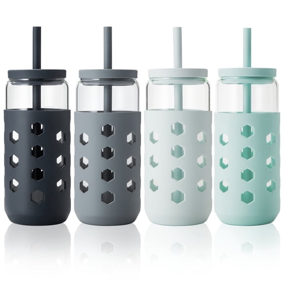 Mrsdry Glass Cups with Silicone Lids and Straws (4 Pcs), 20oz Drinking Glasses Set with Silicone Sleeves for Coffee Bar Accessories Iced Coffee Cups with Lids, Glass Tumbler Reusable for Gifts