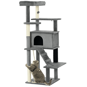 PawHut 58" Arbre de chat pour avec des poteaux de Scratching, Lit, Maison, Jouets, Gris