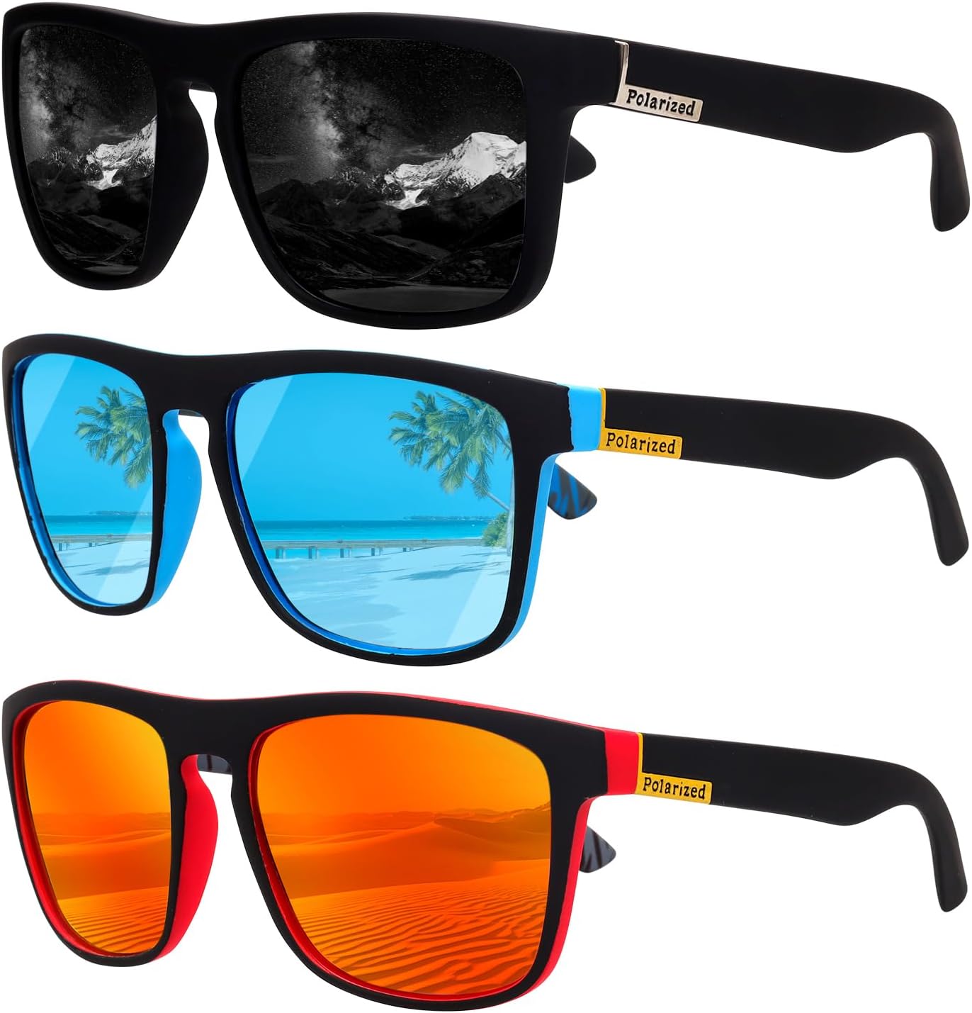 WWS-3 Pcs Lunettes de Soleil pour Hommes Polarisées Carrées pour Course en Plein Air Golf Conduite Pêche Voyage