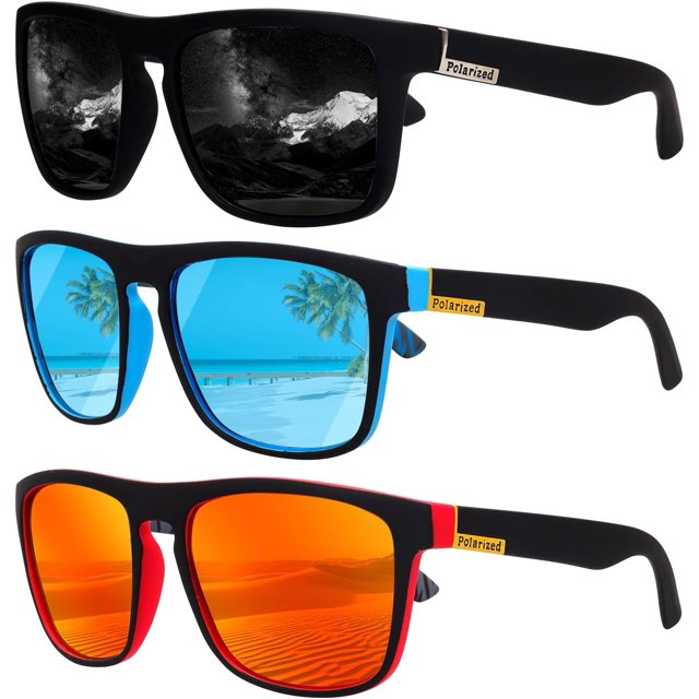 WWS-3 Pcs Lunettes de Soleil pour Hommes Polarisées Carrées pour Course en Plein Air Golf Conduite Pêche Voyage