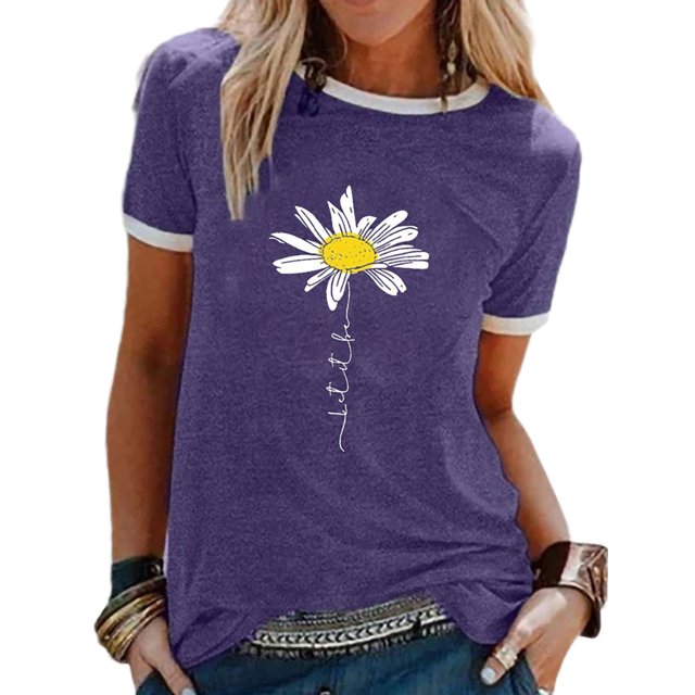 LUXUR Ladies Tops Short Sleeve T Shirt Letters Design Tee Stitched Tunic Blouse Daisy Print Pullover Purple L