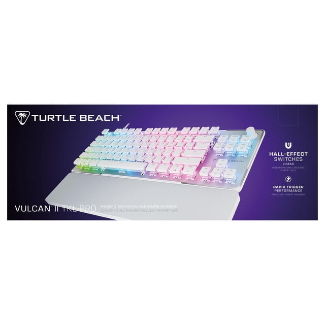 Turtle Beach Vulcan II TKL Pro Clavier de Jeu Mécanique Magnétique RVB Montré sous un angle 3/4 avec Capuchons de Touches Blancs Illuminés par un Éclairage RVB Personnalisable par Touche en Bleu pastel, Rose et Vert, Doté d'Une Disposition Compacte Sans Touches et d'Un Repose-Poignet Argenté, Mettant en Valeur des Interrupteurs Linéaires à Effet Hall et des Icônes de performance à Déclenchement Rapide sur un Fond Violet Foncé.