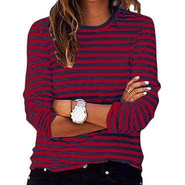 LMKIHUSA Plus Size Womens Long Sleeve Tops Stripes Crew Neck Shirts Oversized Comfort Fall Fashion Tee 2025 Hot Pink,XXXL