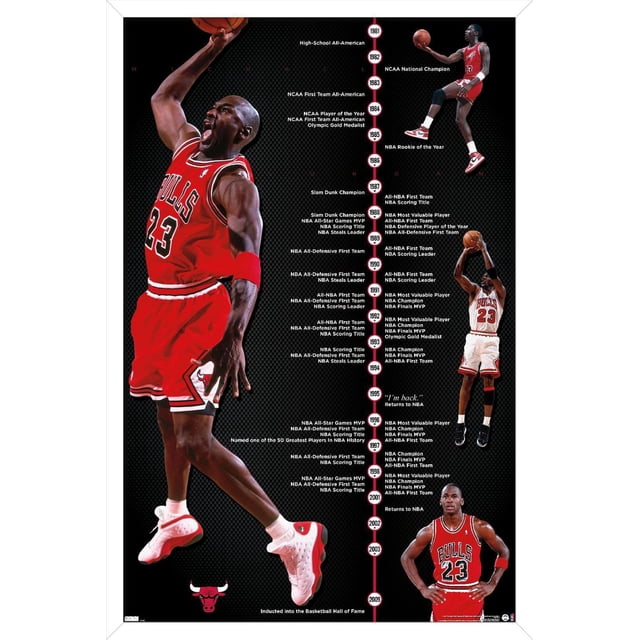 Michael Jordan - Timeline Wall Poster, 22.375" x 34" framed featuring a black background with a vertical timeline of Michael Jordan's basketball career achievements from 1981 to 2009. The timeline highlights key milestones such as NCAA championships, NBA MVP awards, scoring titles, and Hall of Fame induction. The poster includes multiple images of Jordan in his Chicago Bulls red number 23 jersey in various basketball action poses including dunking and shooting. The Chicago Bulls logo is displayed at the bottom left.