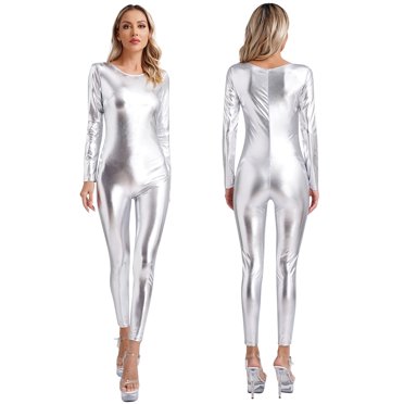 Hansber Combinaison Métallique Brillante pour Femmes une Pièce Manches Longues Sans Pieds Combinaison de Danse Argent 3TG