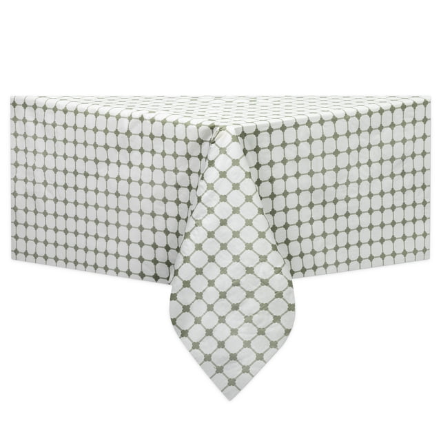 Mainstays PEVA tablecloth with 100% polyester and non-woven flannel backing, featuring a white base with olive green geometric lattice pattern, waterproof and stain-resistant, shown draped over a rectangular table, suitable for family dining and outdoor entertaining.