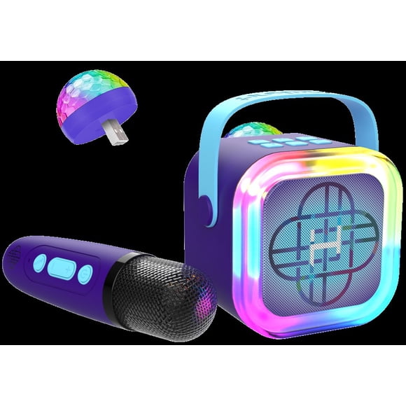 K-POP Demon Hunters Bluetooth Mini Karaoke with wireless mic and disco ball. Features built-in speaker, LED light effects, and rechargeable battery.